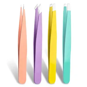 Wholesale ladies eyebrow makeup tools stainless steel Slanted Pointed SQUARED eyebrow tweezers 4-piece different colors set