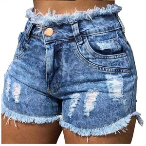 Shorts en jean taille haute à découpes, déchirés et à ourlet effiloché pour femme – Idéal pour l'été et les tenues décontractées - Product Image 1