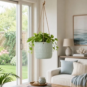 Pot de fleurs suspendu en céramique minimaliste avec motif circulaire et finition émaillée pour plantes vertes d'intérieur - Product Image 3