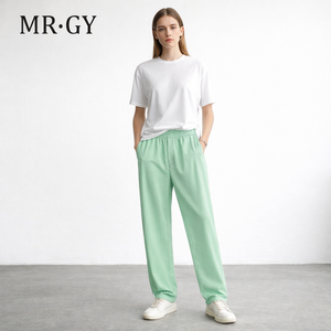 Pantalon décontracté pour femme à taille haute élastique, respirant, uni, coupe ample, jambe large et droite, idéal pour le printemps et le quotidien - Product Image 2