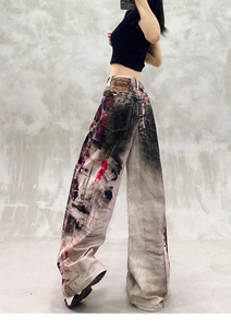 Jean baggy droit pour femme, motif éclaboussures de peinture, graphique artistique, cargo, style Y2K, streetwear oversize, été, devant plat, respirant, délavé - Product Image 3