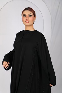 Abaya negra larga hasta el suelo para mujer, modesta, con mangas largas, cuello redondo y ribete de cuentas, para la oración y uso islámico diario, discreta. - Product Image 2