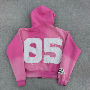 Hoodie personnalisé coupe-vent 100 % coton pour l'automne, style streetwear, avec fermeture éclair, appliqué, patchwork vieilli et broderie - Product Image 4