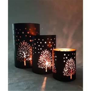 Ensemble de lanternes votives en métal découpées au laser sur mesure, motif ombre d'arbre hivernal, coupelles à bougies chauffe-plat en fer de qualité supérieure pour Noël et événements - Product Image 1