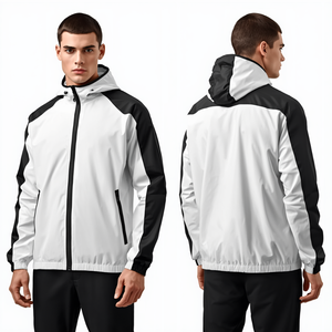 Premium Men's White Lightweight Waterproof Breathable Windbreaker Jacket Modern Hooded Stand Canvas Outerwear Contrast Panel - Product Image 3