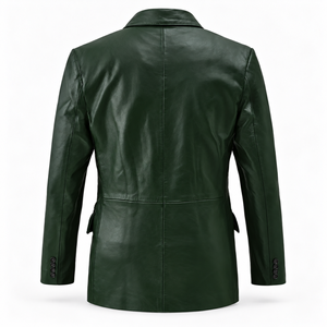 <b>Men's</b> Designer Forest Green <b>Leather</b> <b>Blazer</b> Double Breasted Peak Lapel Elegant Business Formal Suit Jacket Custom Made OEM - Product Image 2