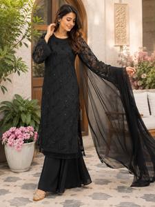 Black Embroidered Floor-Length <b>Kurta</b> Set With Net Dupatta <b>Women</b> Traditional Ethnic Indian Pakistani Party Wear Elegant Loose Fit - Product Image 4