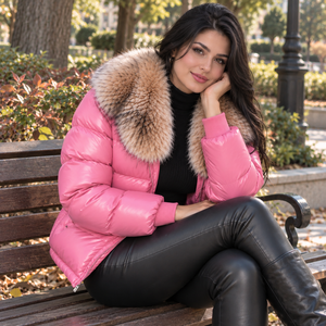 Veste matelassée en cuir véritable pour femme, coupe-vent, à carreaux, style streetwear, avec col en fourrure de renard pour l'hiver - Product Image 5