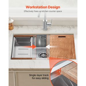 Lavello da Cucina a Vasca Singola da 23 Pollici in Acciaio Inossidabile 304, da Incasso, con 1 Foro, con Bordo, Sottopiano, Workstation Multifunzionale - Product Image 4