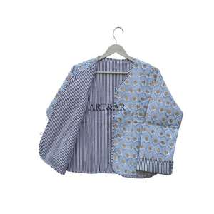 เสื้อโค้ทผ้าฝ้ายถักลายดอกไม้แบบสั้น บุผ้าแบบควิลท์ ติดกระดุมลายทาง ทอแบบระบายอากาศ มีกระเป๋า สำหรับฤดูใบไม้ร่วงและฤดูหนาว - Product Image 4