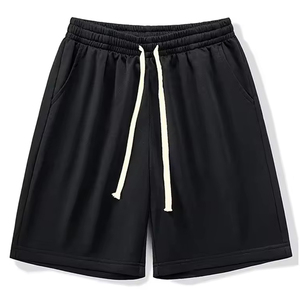 Shorts Bermuda pour homme en polyester noir à cordon de serrage, couleur unie, décontractés, avec poches, respirants, en tissu tricoté - Product Image 1