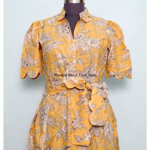 Robe en coton indien imprimée à la main pour femme – Confortable, douillette, style bohème, idéale pour l'été, légère, douce, coupe décontractée, avec ceinture décorative - Product Image 4