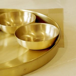 Traditional utensils decorative <b>serving</b> plate bowl <b>spoon</b> glass compact elegant simple small brass <b>serving</b> thali five inch indian - Product Image 4
