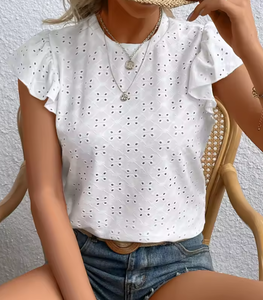 Camiseta de punto con hombros descubiertos y manga corta para mujer, estilo nuevo de verano, corte ajustado, simple y único, que realza la figura. - Product Image 6