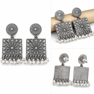 Proveedor Mayorista de Pendientes Largos de Plata Oxidada con Diseño Étnico de Flor Banjara, Elegantes y Tradicionales, Regalo para Mujer - Product Image 1