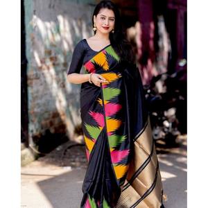 DISEÑADOR BANARASI SEDA TEJIDO TRABAJO SAREE CON BLUSA SIN COSTAR NEGRO - Product Image 1