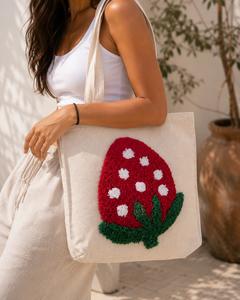 Sac fourre-tout en toile naturelle à motif fraise, sac à bandoulière portable pour femmes, pour le shopping - Product Image 2