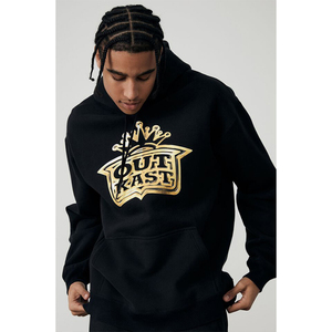 Sudadera con capucha negra de algodón grueso con efecto lavado ácido y estampado gráfico frontal en lámina dorada, estilo streetwear personalizado, hombros caídos, de secado rápido. - Product Image 2