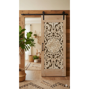 Puerta Corredera de Madera Maciza Blanca Lavada, Tallada con Motivos Florales, Hecha a Mano, de Lujo, para Entrada Interior Artística - Product Image 1