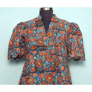 Indian Cotton Floral Block Print Dress <b>Button</b> Down Dress Women's <b>Dressing</b> <b>Gown</b> Casual Dress Print Women short Sleeve Long Length - Product Image 3