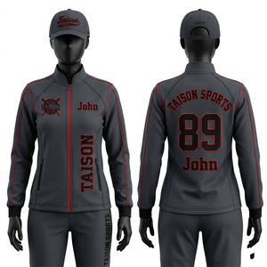 Veste d'entraînement de baseball pour femmes, 280 GSM, en polycoton interlock, bleu ciel, blanc, bordeaux, avec empiècements côtelés, broderie et logo par sublimation - Product Image 2