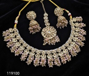 Indian Traditional Pearl Kundan Necklace <b>Set</b> Antique Gold Plated Bridal Choker Necklace with Jhumka Earrings and Maang Tikka <b>Set</b> - Product Image 1