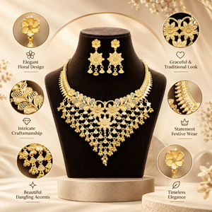 Ensemble collier et boucles d'oreilles florales plaquées or pour femmes |   Bijoux de mariage indiens traditionnels, tendance, pour les mariages et les fêtes - Product Image 5