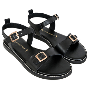 IR COLLECTION Sandales plates gladiateur en cuir noir de qualité supérieure pour femme, à double boucle, style coréen, légères et confortables, tendance - Product Image 2