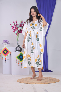 Women's Cotton <b>Kaftan</b> Dress V-Neck Floral Print Boho Knee-Length Loose Fit Short Sleeve Hand Block <b>Summer</b> Eco-Friendly Dress - Product Image 4