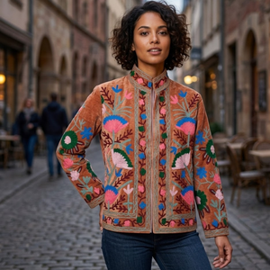 Chaqueta Bomber de Terciopelo Marrón con Bordado |   Blusa Floral con Cuello Mao para Mujer, Prenda Casual Hecha a Mano, Obra Maestra con Forro de Algodón - Product Image 5