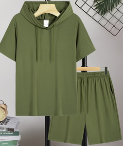 Men's Olive Green Hooded Sweatshirt And Shorts Set Short Sleeve Casual Summer Outfit 2pcs Solid Color Quick Dry Knitted Fabrice - Product Image 2
