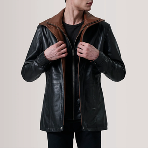 Best Quality Slim Fit <b>Mandarin</b> <b>Collar</b> Leather <b>Jacket</b> Men New Fashionable Windbreaker Waterproof Breathable Front Logo Sale - Product Image 2
