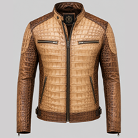 Veste en cuir marron pour homme, style motard, effet crocodile, col rabattu avec badge, fermeture éclair au dos