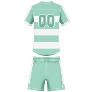 Conjunto de Uniforme de Rugby Verde Menta y Blanco de Manga Corta, Jersey de Rugby a Rayas con Cuello Redondo, Pantalones Cortos con Cordón, Ropa Deportiva para Entrenamiento - Product Image 2