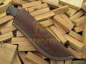 Cuchillo de Caza de Acero de Damasco, Hoja Fija de Espiga Completa, Cuchillo Skinner con Mango de Micarta y Funda de Cuero, Cuchillo para Acampar al Aire Libre - Product Image 5