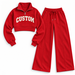 Ensemble de survêtement pour femme avec logo personnalisé, sweat-shirt court rouge à demi-zip, pantalon large, col rabattu, coupe décontractée et ample, fournisseur - Product Image 3