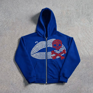 เสื้อฮู้ดซิปกราฟิกมังกรประดับเพชรแบบกำหนดเอง ผ้าฝ้ายฟลีซ 100% ทรงโอเวอร์ไซส์ สตรีทแวร์ผู้ชาย หนานุ่ม ซิปเต็มตัว แบรนด์ส่วนตัว - Product Image 4