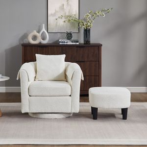 Poltrona Moderna in Ciniglia con Poggiapiedi, Sedia Girevole da Soggiorno con 2 Copribraccioli e Cuscino Posteriore Rimovibile - Product Image 6