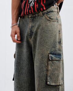 Pantalon cargo pour homme, taille mi-haute, coupe droite, respirant, patchwork, délavage à la pierre, longueur intégrale, style hip-hop, poches, fermeture à cordon - Product Image 4