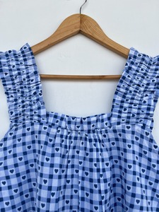Women Blue Gingham Cotton 2 Piece Shorts Set <b>Heart</b> <b>Print</b> Sleeveless Ruffle Strap <b>Top</b> Elastic Waist Shorts Summer Lounge Set - Product Image 3