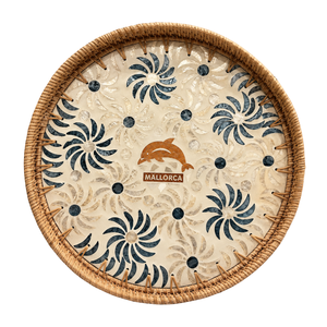 Magnífica Bandeja Redonda de Ratán con Incrustaciones de Delfín de Mallorca y Madreperla, Plato Decorativo para Servir, Adorno de Mesa, Regalo, Venta al por Mayor - Product Image 1