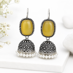 Pendientes Colgantes Jhumka de Bollywood con Cristales y Piedra Amarilla, Bañados en Plata Oxidada, Estilo Étnico, para Mujer, Venta al por Mayor - Product Image 5