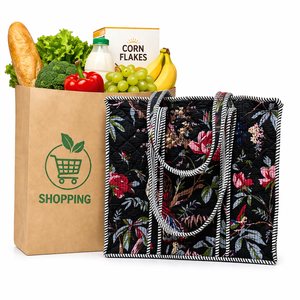 Bolsa de Tela de Algodón con Estampado Floral Azul Le Souvenirs, Cierre de Cremallera, Asas a Rayas de Estilo Vintage, Bolsa de Viaje Ligera - Product Image 1