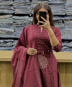 Women Traditional Cotton Salwar Kameez Dupatta Maroon Casual Party Wear India Pakistan Style Regular Fit Regular Length Quick - Product Image 2