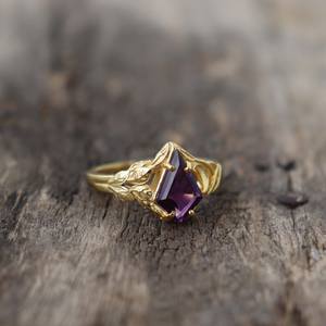 Anillo de Compromiso con Amatista Corte Cometa, Anillo de Boda con Amatista Púrpura, Plata de Ley 925, Chapado en Oro de 14k, Certificado IGI, Estilo Art Deco, Natural - Product Image 5