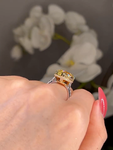 Bague de fiançailles de luxe en or jaune avec pierre, bague halo en or massif 18 carats pour femme, bijoux de mariage - Product Image 1