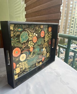 Rectangular Wood Serving Tray Handpainted Bohemian Plant Pattern Black Frame Decorative Tray for Home Use - Product Image 5