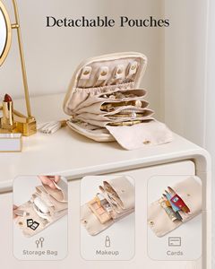Beige PU Leather Jewelry Case Zipper Portable Storage Organizer Foldable Travel Necklace Ring Earring <b>Holder</b> - Product Image 5
