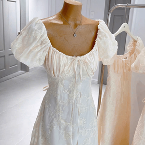 Robes longues en coton uni pour femmes, col rond, manches lanternes, coupe ajustée, élégantes et décontractées, doublure en soie, taille naturelle, design personnalisable - Product Image 2