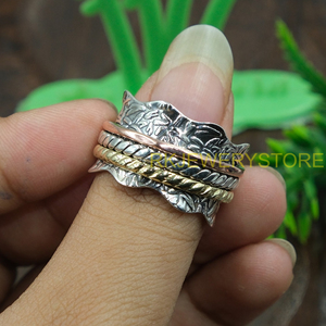 Handmade Mixed Metal <b>Spinner</b> <b>Ring</b> 925 Sterling Silver Meditation Fidget <b>Ring</b> Wide Textured BandUnisex Anxiety Relief SpinnerRing - Product Image 2